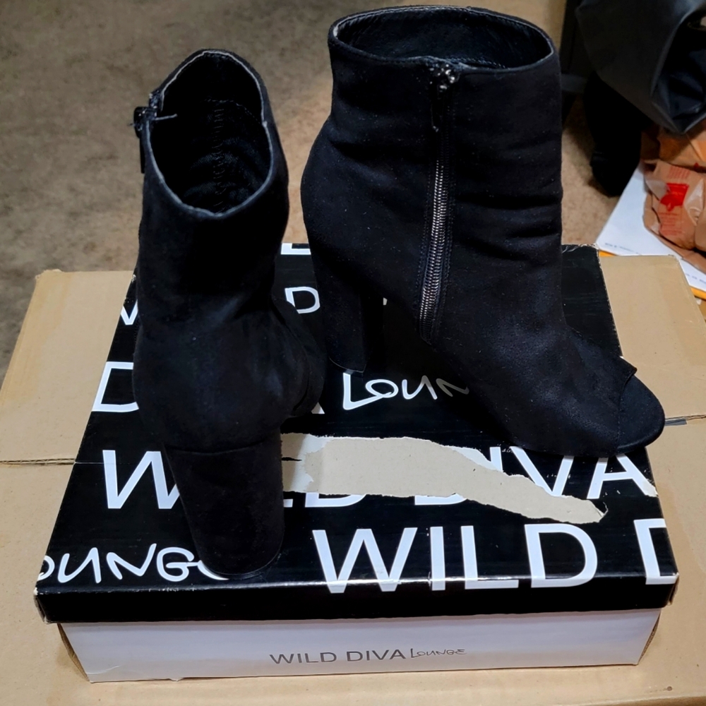 Suede black open toe heeled boots